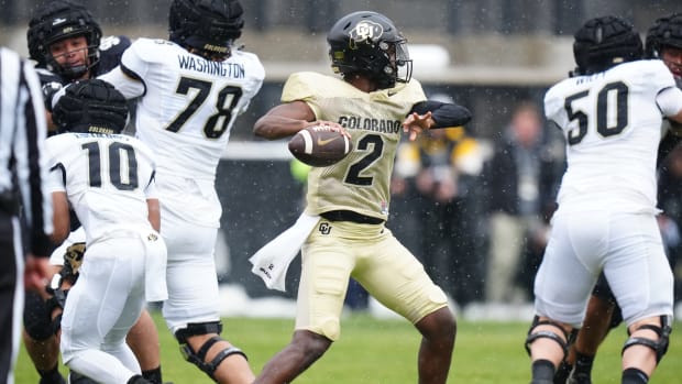 Apr 22, 2023; Boulder, CO, USA; Colorado Buffaloes quarterback Shedeur Sanders (12) prepares to pass during the first half of the spring game at Folsom Field
